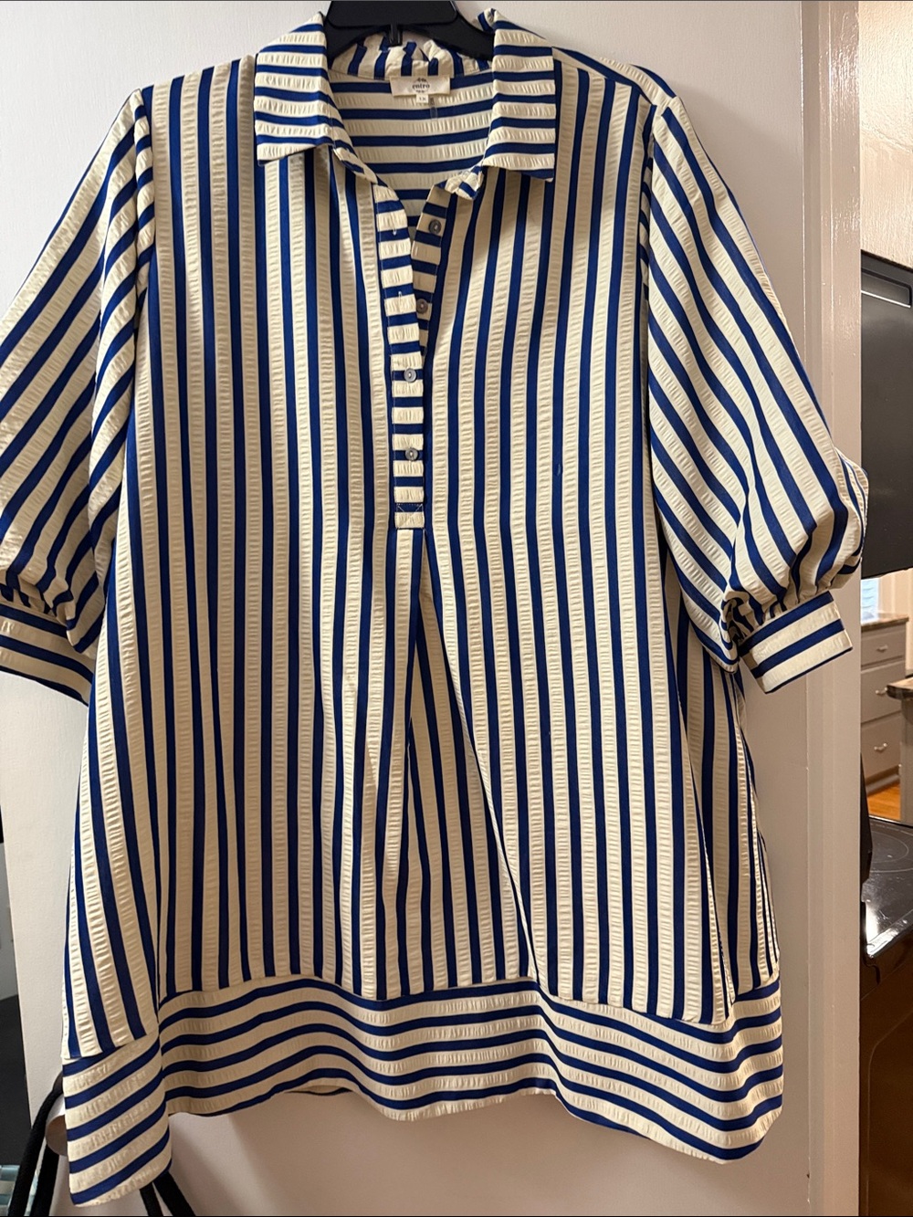 entro Blue and Cream Vertical Stripe Polo Midi Dress